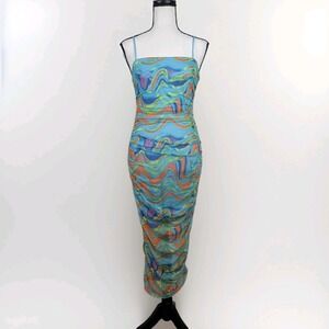 Sheer Mesh Dress Bodycon Midi Med Multicolor Festival Rave Party Artsy Club 2938